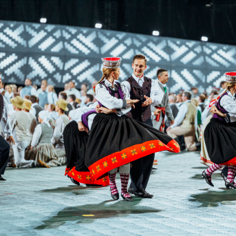 Deju lieluzvedums "Mūžīgais dzinējs" - Baltas ietrīsas mūsu sirdis no visa tā skaistuma, kas piedzīvots. Mums kopā, svinot latvietību, izdevies radīt neaizmirstamus Svētkus. Jo svētki esam mēs paši un cilvēki mums apkārt. Foto: Artūrs Vanags un Ilmārs Znotiņš, Jānis Pipars un Jānis Romanovskis (Latvijas Nacionālā kultūras centra arhīvs)