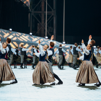 Deju lieluzvedums "Mūžīgais dzinējs" - Baltas ietrīsas mūsu sirdis no visa tā skaistuma, kas piedzīvots. Mums kopā, svinot latvietību, izdevies radīt neaizmirstamus Svētkus. Jo svētki esam mēs paši un cilvēki mums apkārt. Foto: Artūrs Vanags un Ilmārs Znotiņš, Jānis Pipars un Jānis Romanovskis (Latvijas Nacionālā kultūras centra arhīvs)